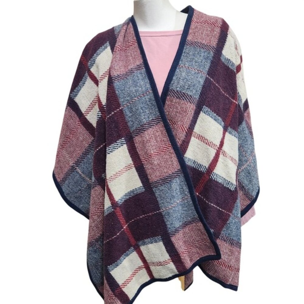 Womens‎ Plaid Poncho Wrap Cape Scarf Navy Burgundy Cream all sizes